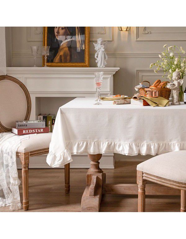 French retro white tablecloth American ins small fresh rectangular table cloth art household living room tea table cloth 