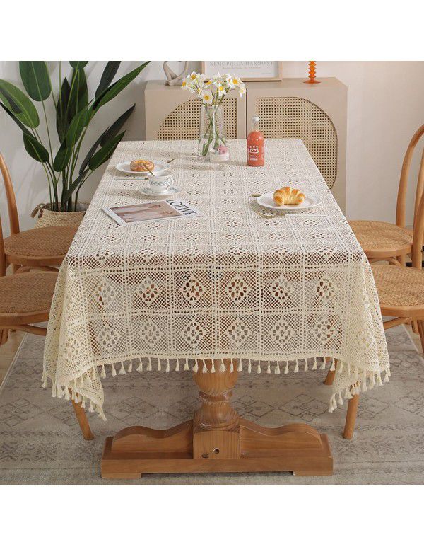 American style pastoral crochet table cloth woven hollowed out table cloth tassel cover table cloth beige hollowed out cloth table mat
