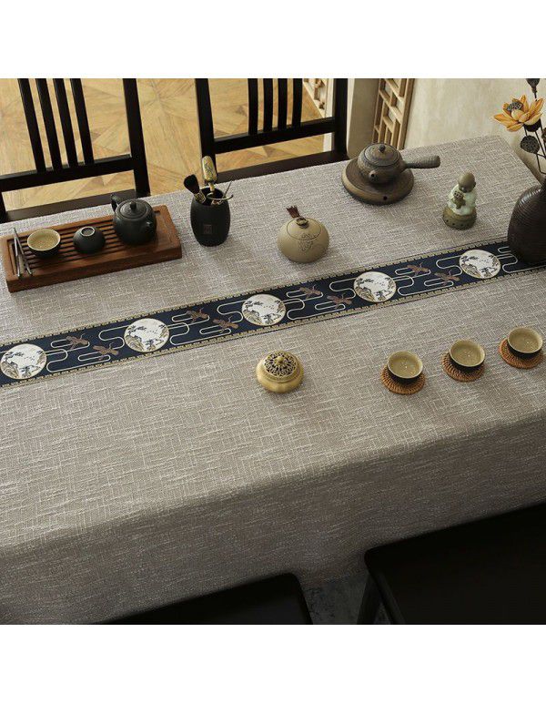 New Chinese Fushou Pine and Crane Cotton Subblue Heather Rice Grey Tea Table Tea Ceremony Zen Long Square Table Cover Table Cloth