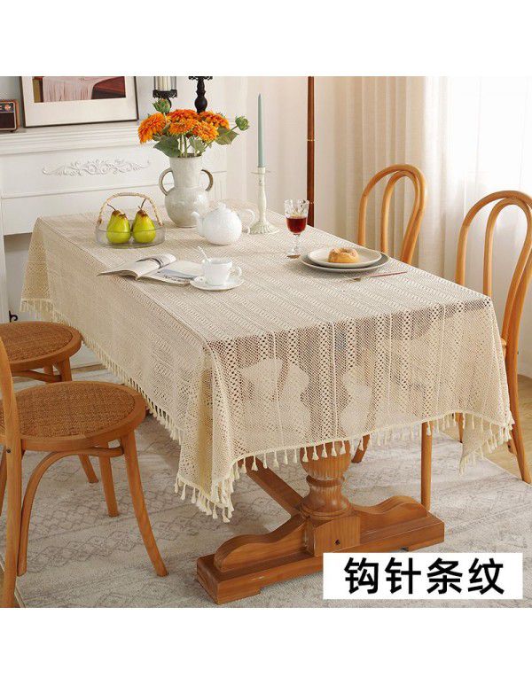 American style pastoral crochet table cloth woven hollowed out table cloth tassel cover table cloth beige hollowed out cloth table mat