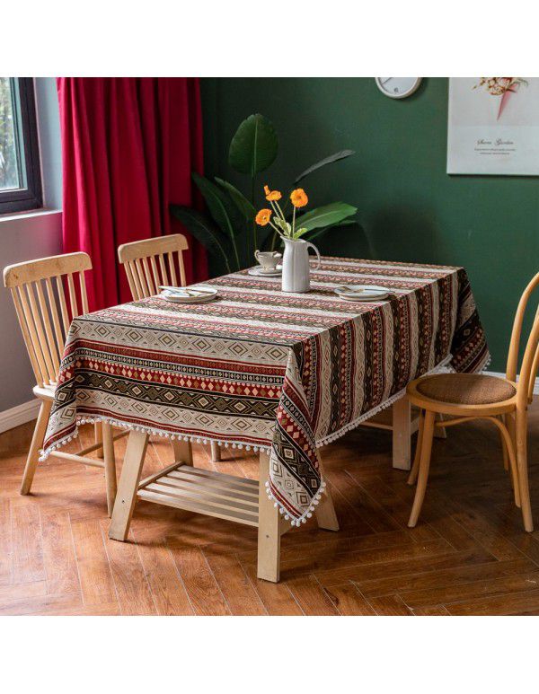 Ins Cross border New Moroccan Style Wool Ball Table Cloth Rectangular Desktop Set Decorative Table Cloth Tea Table Cover