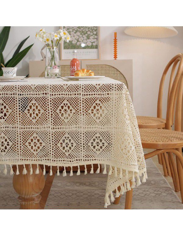 American style pastoral crochet table cloth woven hollowed out table cloth tassel cover table cloth beige hollowed out cloth table mat