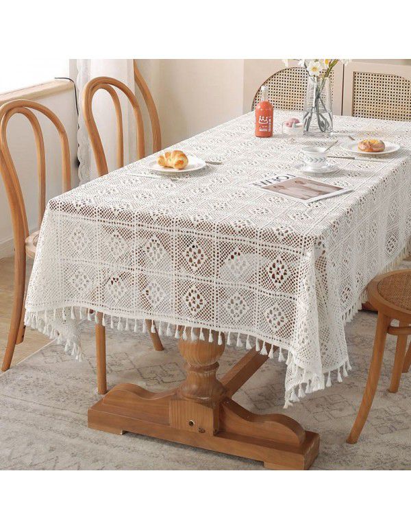 American style pastoral crochet table cloth woven hollowed out table cloth tassel cover table cloth beige hollowed out cloth table mat