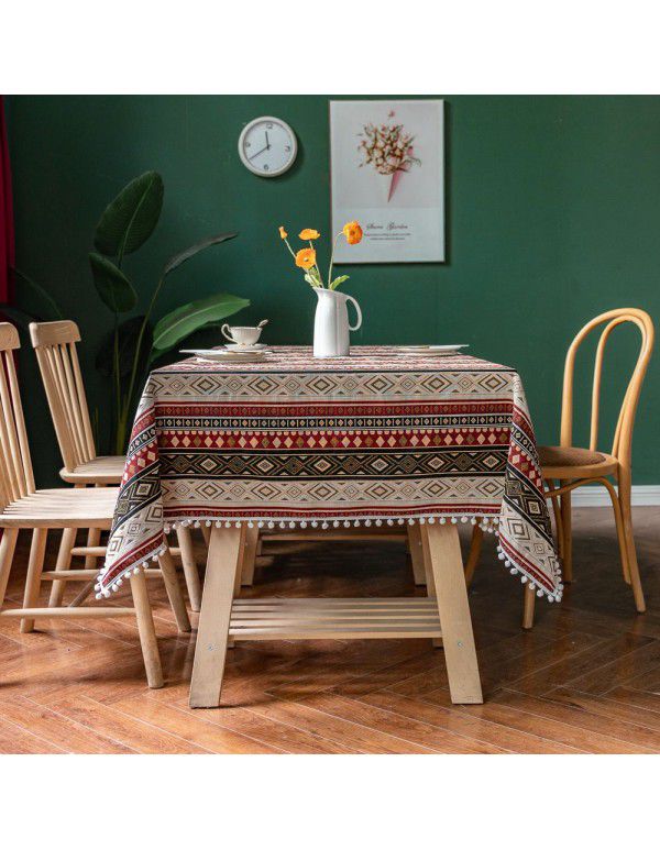 Ins Cross border New Moroccan Style Wool Ball Table Cloth Rectangular Desktop Set Decorative Table Cloth Tea Table Cover