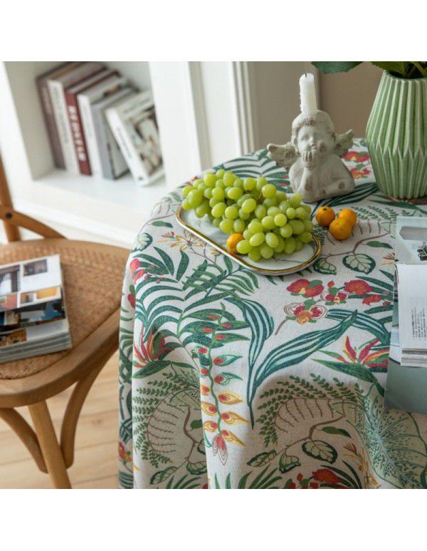 Le Xuan Xiu Round Table Cloth European style Vintage Green Plant Printing Table Cloth Bamboo Hemp Table Cloth Factory Direct Supply