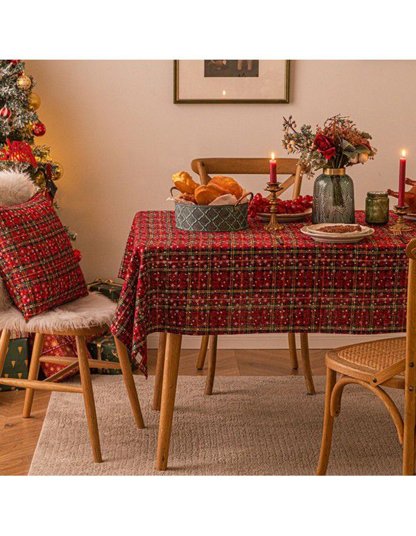 New American red and green plaid tablecloth snowflake printed tablecloth rectangular tea table cloth Christmas table cloth