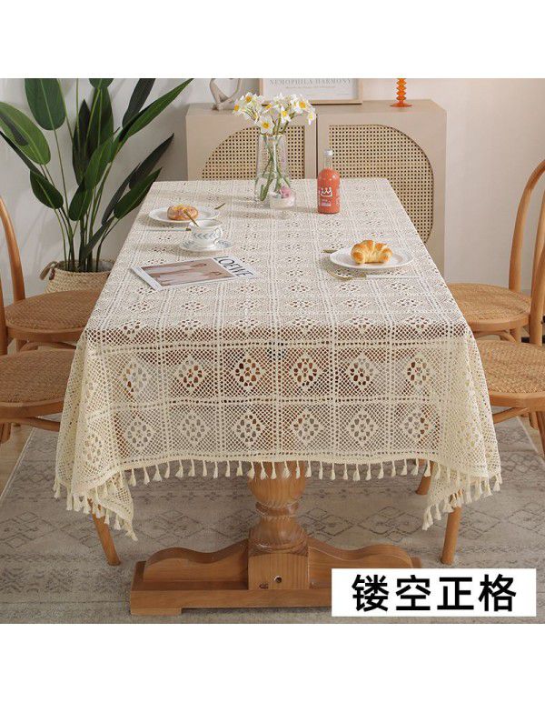 American style pastoral crochet table cloth woven hollowed out table cloth tassel cover table cloth beige hollowed out cloth table mat