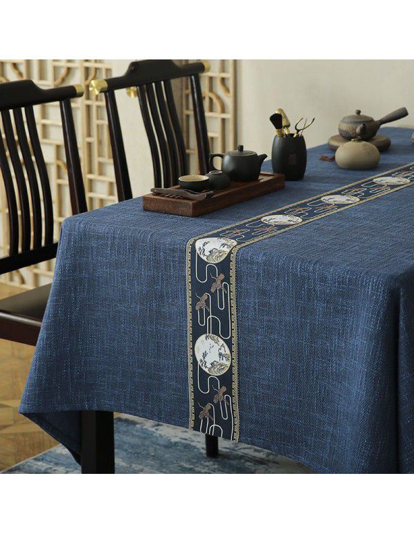 New Chinese Fushou Pine and Crane Cotton Subblue Heather Rice Grey Tea Table Tea Ceremony Zen Long Square Table Cover Table Cloth