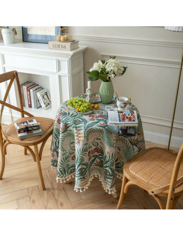 Le Xuan Xiu Round Table Cloth European style Vintage Green Plant Printing Table Cloth Bamboo Hemp Table Cloth Factory Direct Supply