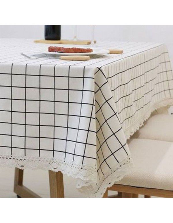 Cotton and linen table cloth, simple lattice, Nordic desk, student dormitory, square lace, cute computer table cloth