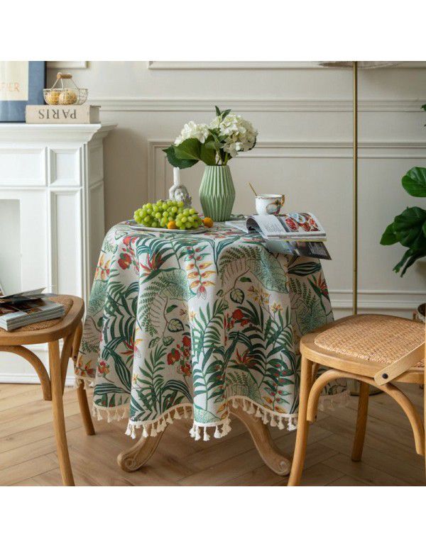 Le Xuan Xiu Round Table Cloth European style Vintage Green Plant Printing Table Cloth Bamboo Hemp Table Cloth Factory Direct Supply