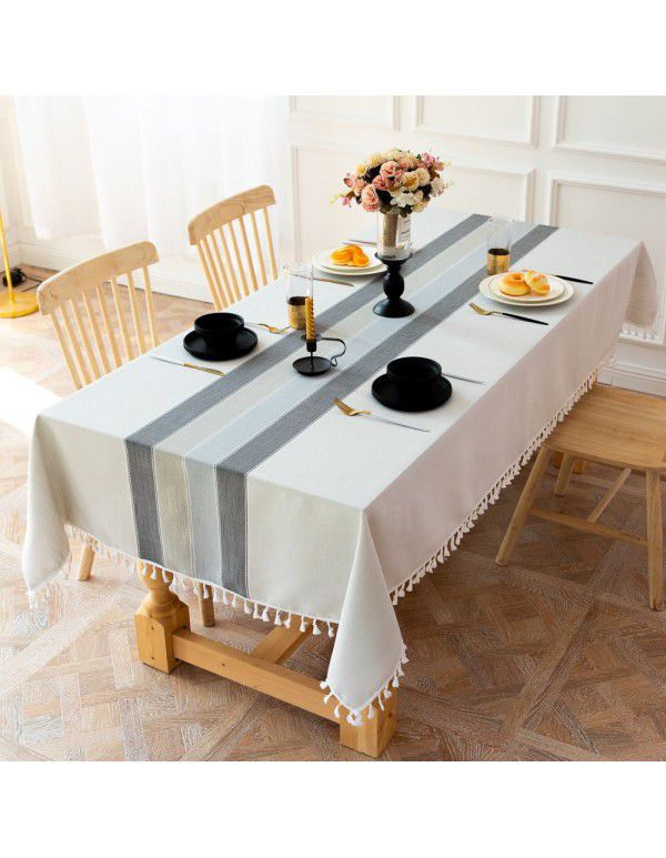  simple stripe decorative linen tablecloth tassels thickened rectangular wedding table cover tea table wholesale