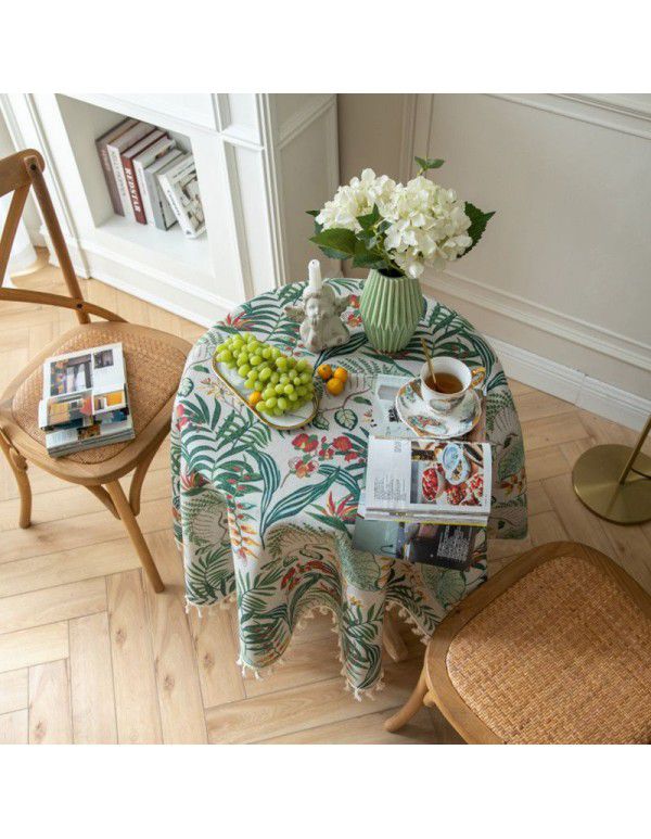 Le Xuan Xiu Round Table Cloth European style Vintage Green Plant Printing Table Cloth Bamboo Hemp Table Cloth Factory Direct Supply