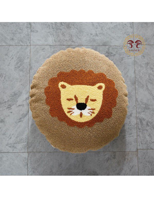 Hot Sale Cute Cartoon Tiger Head Flower Leopard Panda Embroidery Throw Pillow Tufted Loop Down Children's Gift Group Purchase Round Cushion