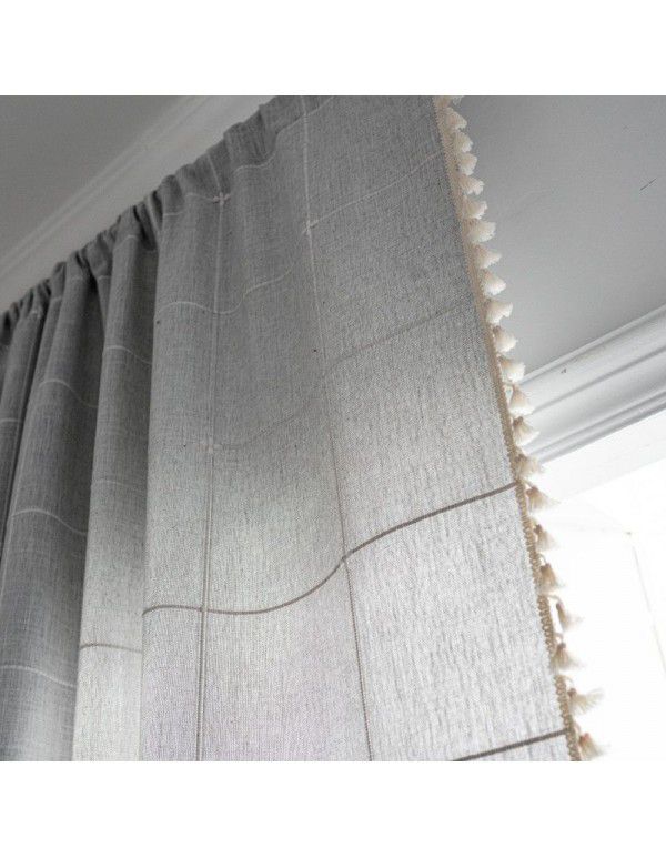 Lexuan Xiu's new jacquard lattice curtain, polyester imitation cotton tassel kitchen curtain, Nordic style shooting background curtain