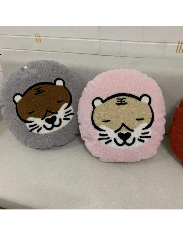Hot Sale Cute Cartoon Tiger Head Flower Leopard Panda Embroidery Throw Pillow Tufted Loop Down Children's Gift Group Purchase Round Cushion