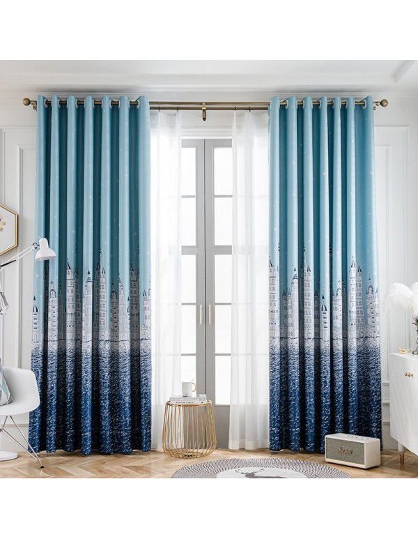 Morandi Blue Blackout Curtain New Year Curtain Bedroom Living Room Float Window Hook Short Curtain Hot Sales List