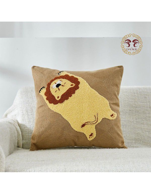 Hot Sale Cute Cartoon Tiger Head Flower Leopard Panda Embroidery Throw Pillow Tufted Loop Down Children's Gift Group Purchase Round Cushion