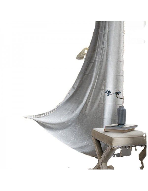 Lexuan Xiu's new jacquard lattice curtain, polyester imitation cotton tassel kitchen curtain, Nordic style shooting background curtain