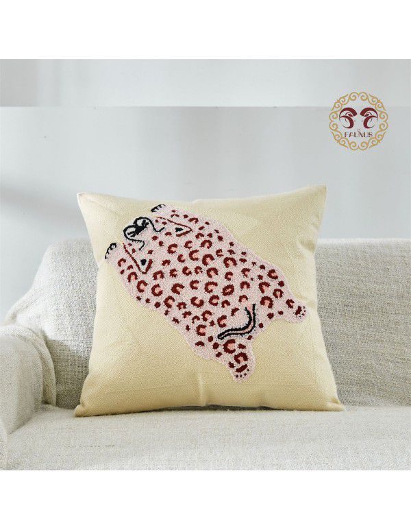 Hot Sale Cute Cartoon Tiger Head Flower Leopard Panda Embroidery Throw Pillow Tufted Loop Down Children's Gift Group Purchase Round Cushion