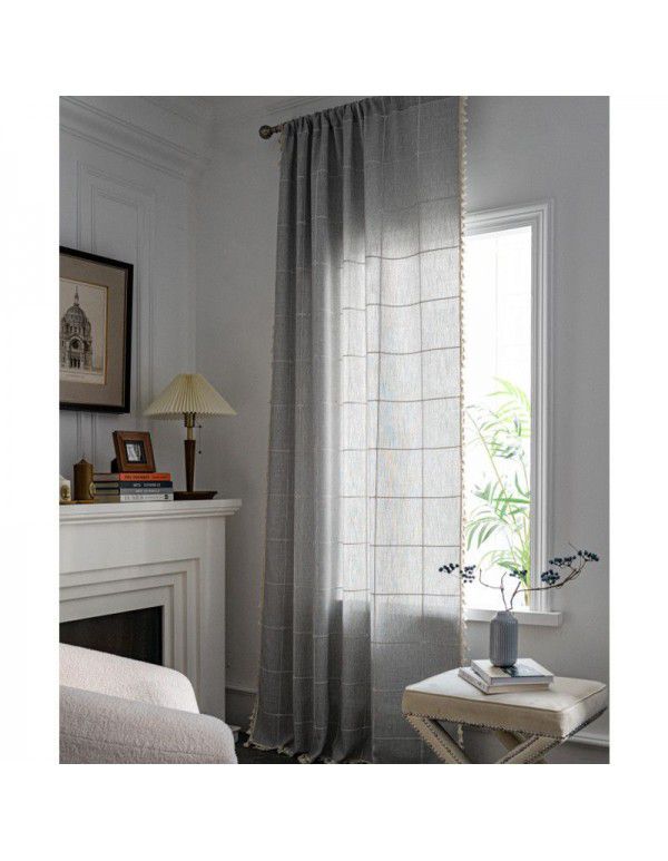 Lexuan Xiu's new jacquard lattice curtain, polyester imitation cotton tassel kitchen curtain, Nordic style shooting background curtain