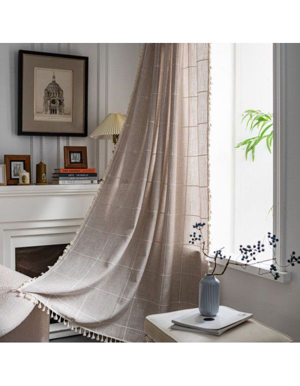 Lexuan Xiu's new jacquard lattice curtain, polyester imitation cotton tassel kitchen curtain, Nordic style shooting background curtain