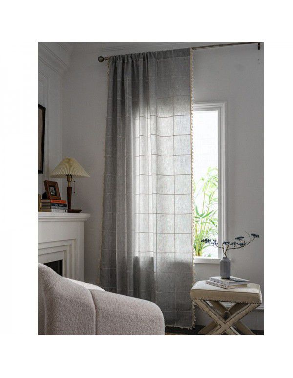 Lexuan Xiu's new jacquard lattice curtain, polyester imitation cotton tassel kitchen curtain, Nordic style shooting background curtain