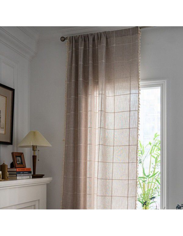 Lexuan Xiu's new jacquard lattice curtain, polyester imitation cotton tassel kitchen curtain, Nordic style shooting background curtain