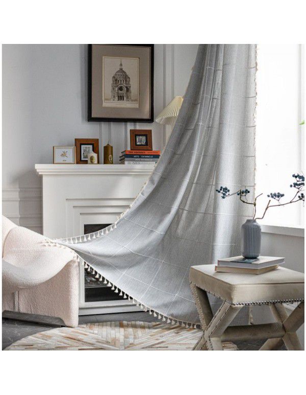 Lexuan Xiu's new jacquard lattice curtain, polyester imitation cotton tassel kitchen curtain, Nordic style shooting background curtain