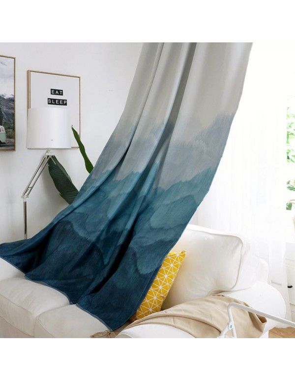 American printed curtain cloth High precision blackout cloth Wholesale living room bedroom simple gradual change blue blackout curtain finished products