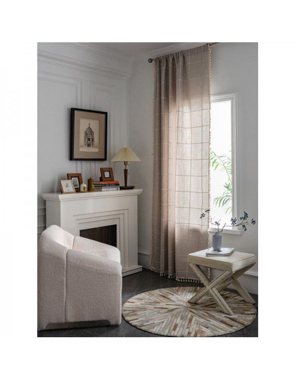 Lexuan Xiu's new jacquard lattice curtain, polyester imitation cotton tassel kitchen curtain, Nordic style shooting background curtain