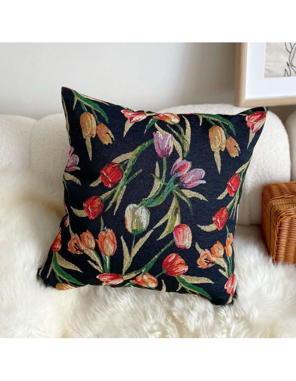 Retro style oil painting tulip pillow cover pillow imitation linen yarn dyed jacquard cloth cushion