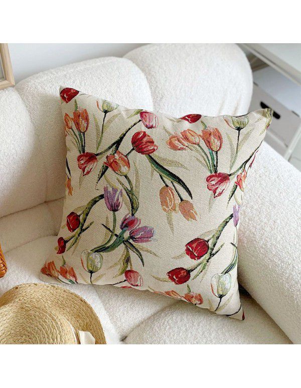 Retro style oil painting tulip pillow cover pillow imitation linen yarn dyed jacquard cloth cushion