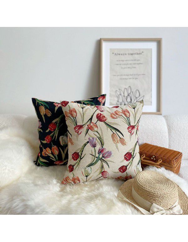 Retro style oil painting tulip pillow cover pillow imitation linen yarn dyed jacquard cloth cushion