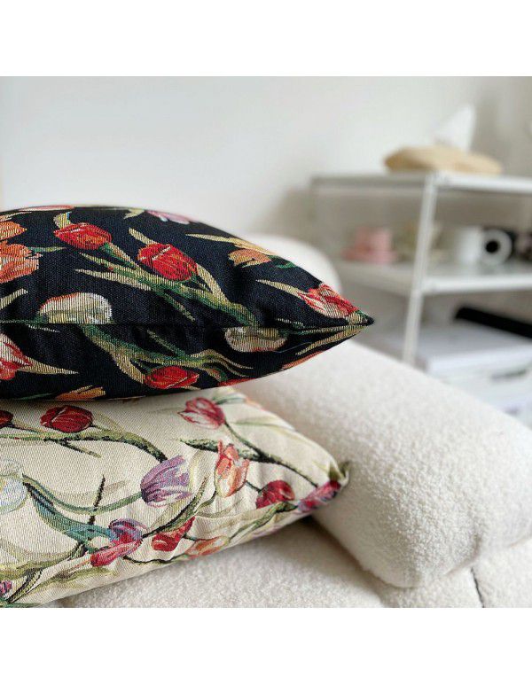 Retro style oil painting tulip pillow cover pillow imitation linen yarn dyed jacquard cloth cushion