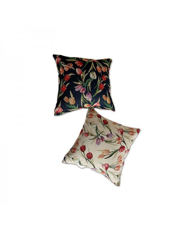 Retro style oil painting tulip pillow cover pillow imitation linen yarn dyed jacquard cloth cushion