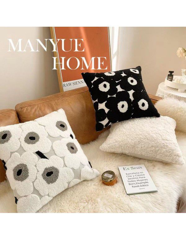 Nordic style poppy flower pillow black and white gray cushion bag Finnish style cushion sitting room sofa pillow cover ins style