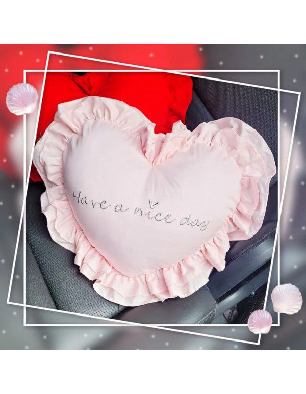 Ins princess style cotton embroidery ruffle throw pillow car cushion pillow multi-function love shaped washing waist