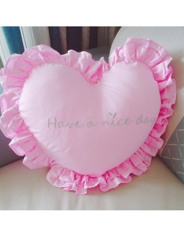 Ins princess style cotton embroidery ruffle throw pillow car cushion pillow multi-function love shaped washing waist