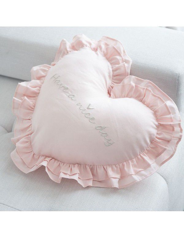 Ins princess style cotton embroidery ruffle throw pillow car cushion pillow multi-function love shaped washing waist