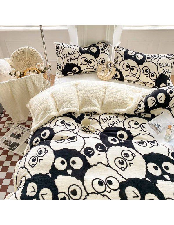 Winter lamb blanket quilt cover multi-function cashmere super thick lunch break artifact office blanket black and white coal ball thickening