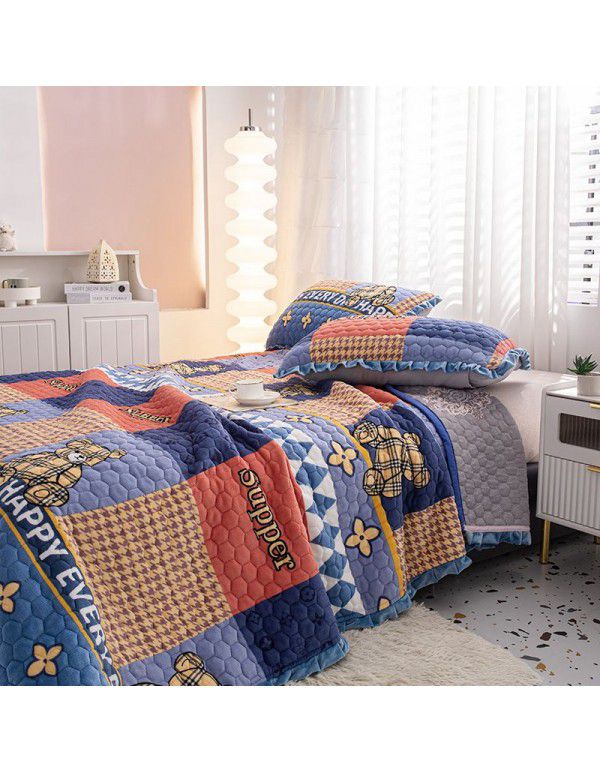 Factory direct sales thickened bed cover autumn and winter milk velvet cotton cover blanket three piece set crystal velvet single bed cover blanket wholesale
