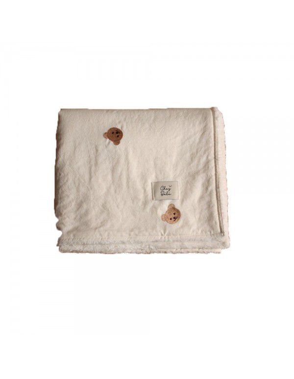 Korean ins autumn and winter cartoon bear head embroidery coral wool blanket cotton baby nap half wool blanket sofa blanket
