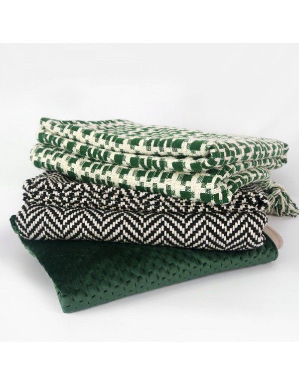 Luxury dark green sofa blanket bed towel bed blanket light green model room blanket thousand bird grid knitting bed blanket