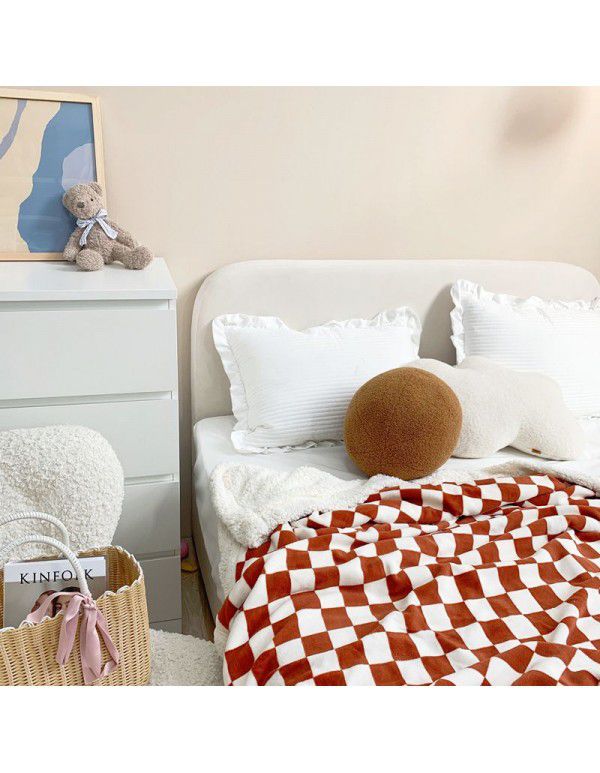 Retro modern checkerboard blanket feather lamb soft waxy sofa blanket office nap summer thin net red