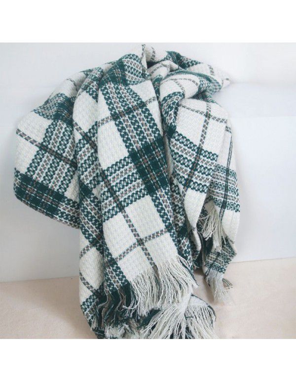 Luxury dark green sofa blanket bed towel bed blanket light green model room blanket thousand bird grid knitting bed blanket