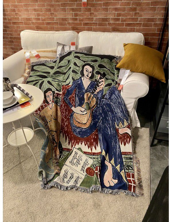Art oil painting style Matisse guitar woman tapestry casual blanket sofa blanket blanket field grass carpet