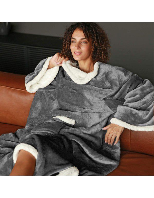 Autumn and winter 2022 fleece pocket plush thickened flannel sofa blanket warm and comfortable solid color household blanket