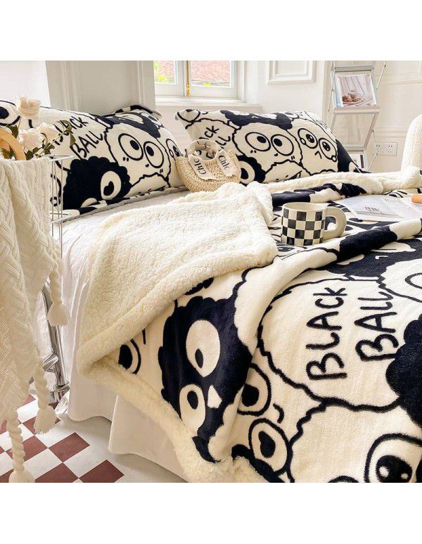 Winter lamb blanket quilt cover multi-function cashmere super thick lunch break artifact office blanket black and white coal ball thickening