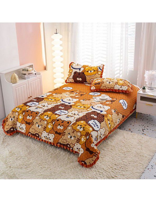 Factory direct sales thickened bed cover autumn and winter milk velvet cotton cover blanket three piece set crystal velvet single bed cover blanket wholesale